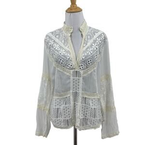 Tiny Blouse Womens L Large White Cream Sheer Crochet Lace Panel Long Sleeve